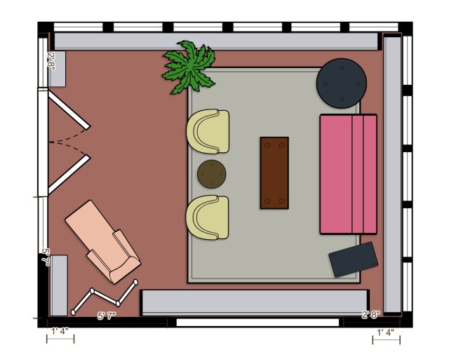 My first thought was to orient the tufted settee, so that those seated could enjoy views of the garden. But this means visitors will have to squeeze by at the left (between the rattan chair and Duchesse Brisee) to exit the space through the French Doors, and might create an uncomfortable bottle-neck situation when there are multiple people viewing the room.
