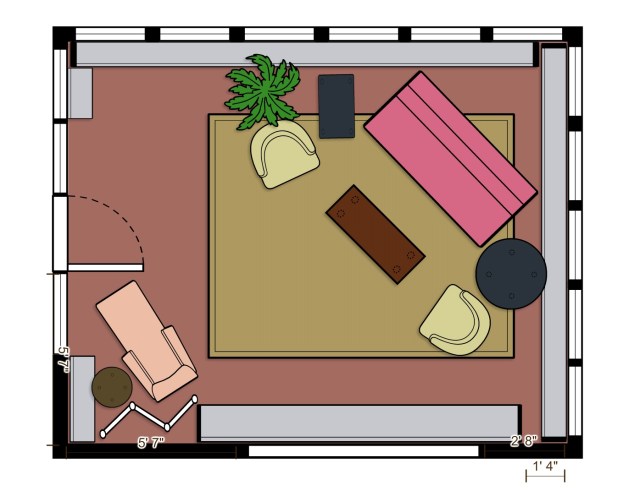 The furniture looks great on the diagonal, and the rug still looks good placed sideways to cover the discoloration of the tiles. Sometimes I just have to go with the flow!