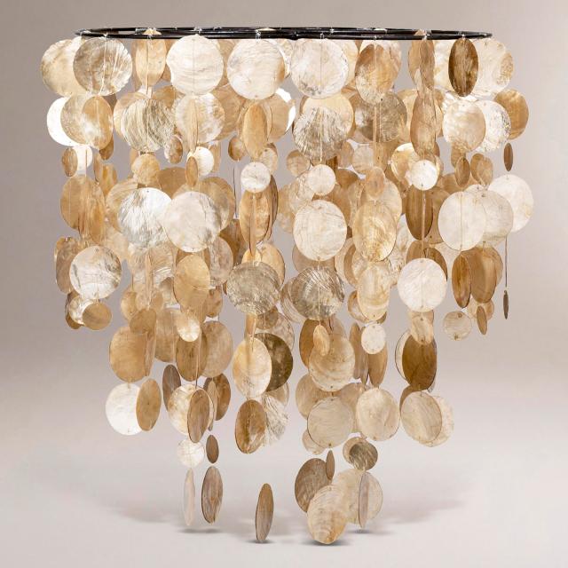 A cascading capiz shell light fixture will be front and center in my Bucks County Designer House Sunroom.  
