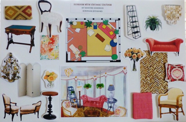 My designer's inspiration board for the 2014 Bucks County Designer House Sunroom. This helps others visualize my plans for the space.