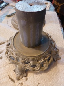 Using two colors of Milk Paint, I was able to achieve a chalky, weathered stone appearance on my cloche bases and the posts.