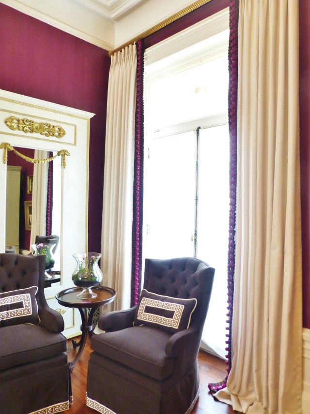This corner of the room, gives a sense of the high-ceilings in all the rooms at Blairsden.  The scale, in even the tiniest spaces, feels very grand, and designers were required to use appropriately sized furnishings in their rooms.
