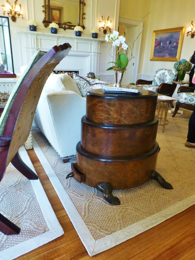 At one end of the sofa is this amazing Turtle Table.  I just LOVE this!  The table is comprised of three stacked oval drawer sections, with bronze tail, feet, and head.