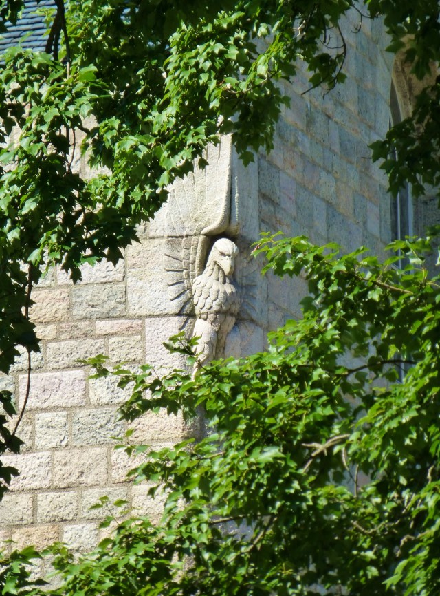 This photograph shows a detail of the ornamental stone-work on the mansion. Construction was completed by the same craftspeople that built the Cathedral.