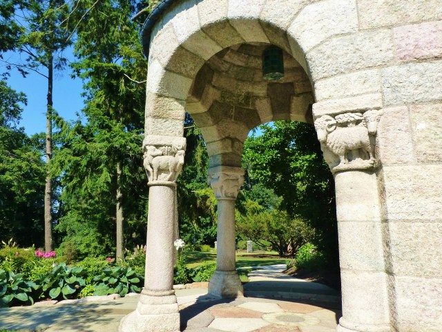 A detail of the beautiful stone-work at Glencairn. Notice the carved rams and sheep atop the columns and the arched ceiling inside. The floor has beautiful stone-work as well.