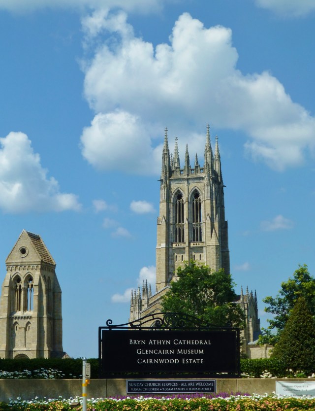 The main entrance to the cathedral is found on Huntingdon Pike in Bryn Athyn, Pennsylvania.  I took this photo while sitting in my car at the stop light.