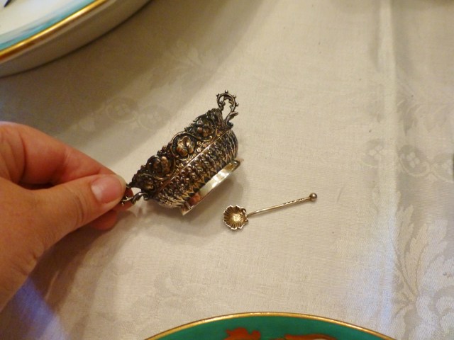 Here's an example of a Victorian silver salt cellar and its miniature spoon. These are a fun alternative to the typical salt shakers we use today, don't you think? And that super fancy, teeny tiny spoon--LOVE!