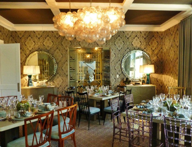The dining room at the 2014 Hampton Designer Showhouse was designed by Mecox Design Services.  It has a moody neutral brown and grey color palette.