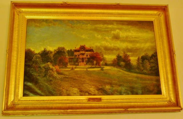 The museum owns an oil painting of the property, which shows the house and grounds many years ago.  As you can see it sits atop a lovely hill, surrounded by trees which were mature even back then.
