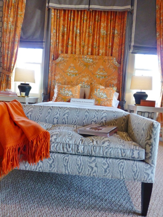 Before we turn around and look at the sitting area, check out the beautiful bench at the foot of the bed.  It's covered in an amazing grey and white faux-bois (wood grain) fabric.  I just adore this!  And the comfy orange throw just completes the look.