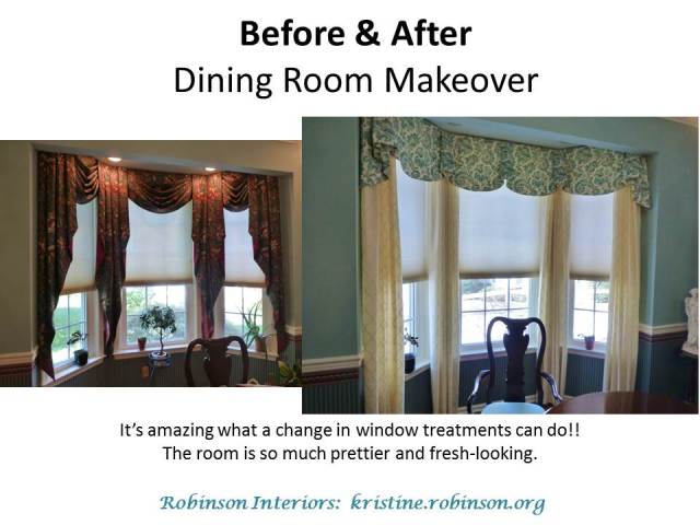 Before, the dark fabric and heavily swagged and tailed window treatment darkened the room and made everything feel dated. After, the fresh and light fabrics, and more elegant, streamlined design makes this room feel fresh and open. What a difference!Before, the dark fabric and heavily swagged and tailed window treatment darkened the room and made everything feel dated. After, the fresh and light fabrics, and more elegant, streamlined design makes this room feel fresh and open. What a difference!