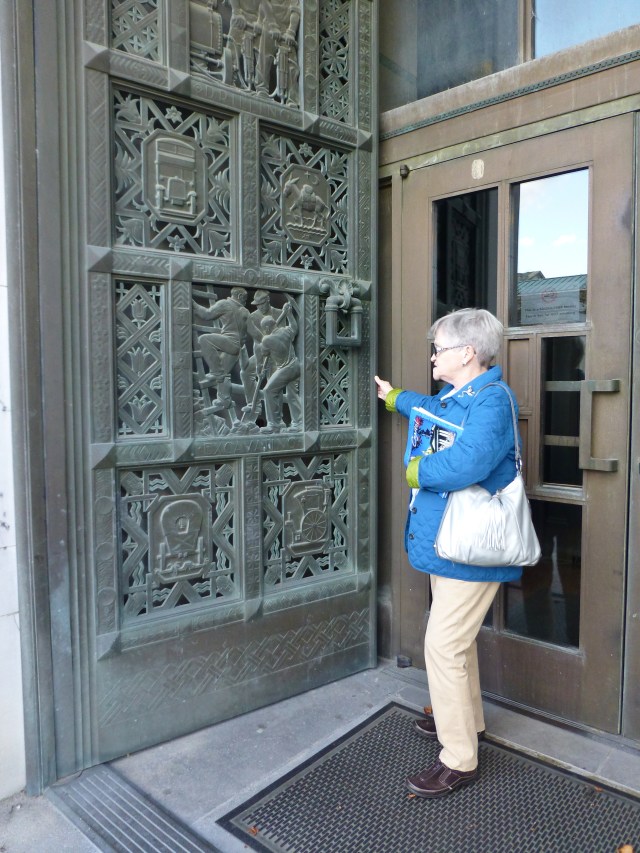 This is my Mom standing in front of an amazingly detailed door at the capitol building.   The door had different professions featured on different panels, placed in a grid, almost like a quilt.   The workmanship here is just phenomenal!