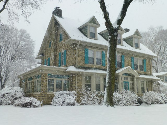 I like the bright pop of the turquoise shutters on this lovely stone home.