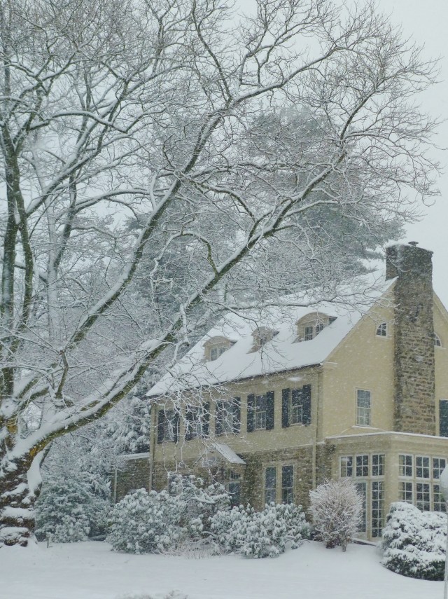 The dormer windows on this pretty Colonial Revival stone & stucco house recess into the roof.  I really love that feature!