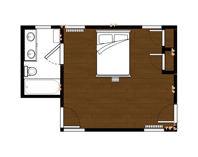 A Queen-sized bed fits nicely on the wall between the windows. Next I began thinking of what to place at the foot of the bed and in the rest of the space.