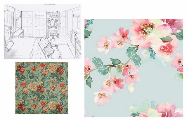 Here's an image with my sketch of the wall, the fabric sample from Stout Textiles and the final version of my custom wall mural by Limitless Walls. 