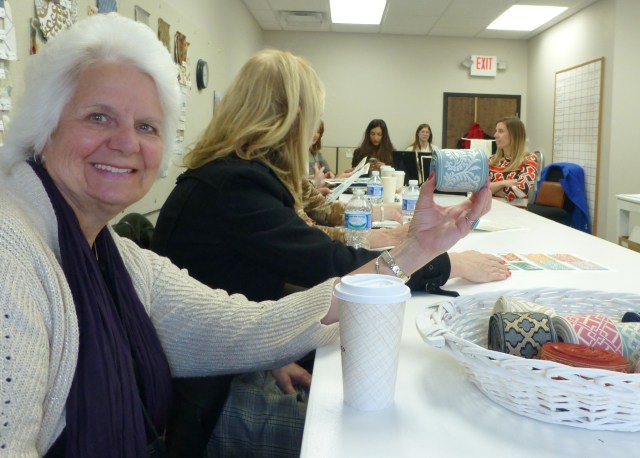 Grace Rumer, of Grace Irene Window Fashions, and I are active participants in our WCAA (Window Coverings Association of America) group. Here's a photo of Grace at one of our chapter meetings which was held at Stout Textiles last spring. What's amazing, is that Grace, who is providing all the custom bedding and drapery labor for my 2016 Bucks County Designer House Bedroom, is holding the very trim that I chose to feature in my room's design! 