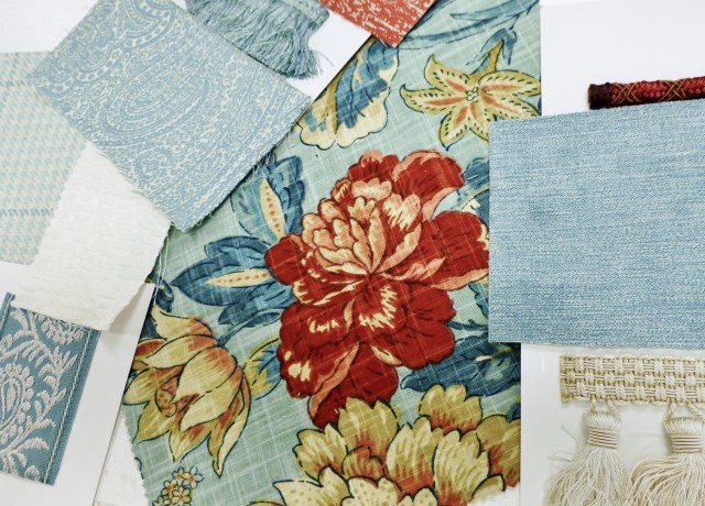 Here a small cuttings of the Stout Fabrics I'm planning to use in my 2016 Bucks County Designer House bedroom. At the center is a magnificent floral with a seafoam blue background, darker teal leaves and soft petal pink with bold coral accents. I'm only planning to use this particular fabric in small amounts, but it will be the glue that unifies the whole space. It's the inspiration for the color palette in my bedroom.