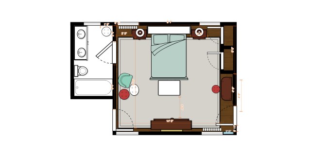 Now my Bucks County Designer House bedroom's floor plan looks like this. A large are rug, created from bound, soft gray carpeting will take up the majority of the floor space. This will create a soft, elegant surface underfoot which is very comfortable in a bedroom space. I'm happy with how it will lighten and create a neutral backdrop for all the gorgeous dark wood furniture and sumptuous fabrics, as well.