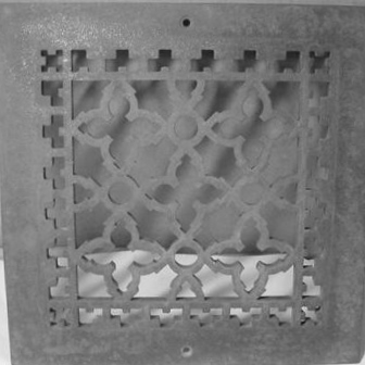 Eventually I found this reproduction iron grate, cast from a Victorian original. It's unpainted, so that saves me the step of having to strip or sand down the paint from an older example. The grate is 10" x 10", which is pretty close to the existing louvered vent which was 13.5" x 13.5" at the widest point.