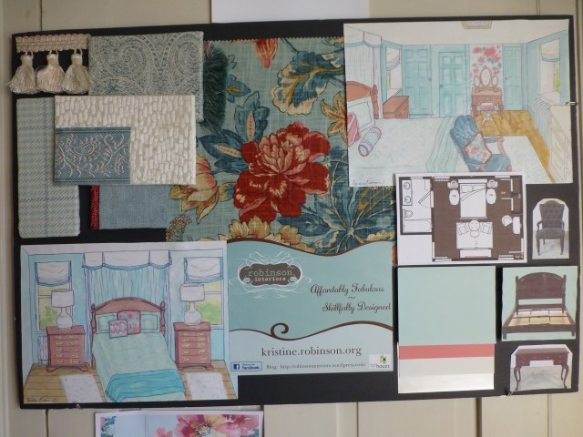 Here's a photograph of my design inspiration board for the Bucks County Designer House bedroom. As you can see fabrics and trims are displayed at the top left and center. My watercolor perspectives of the room are also displayed, along with the room's floor plan. A few of the room's major furniture items are mounted at the bottom right, along with the final paint color chips.