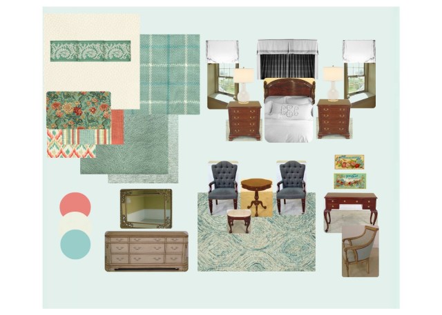 This is an early example of a virtual design board I created for my 2016 Bucks County Designer House bedroom. As you can see, the idea is similar, in that many of the room' s elements are seen in one place. It's very helpful to have an inspiration board like this for visualizing a room's design!