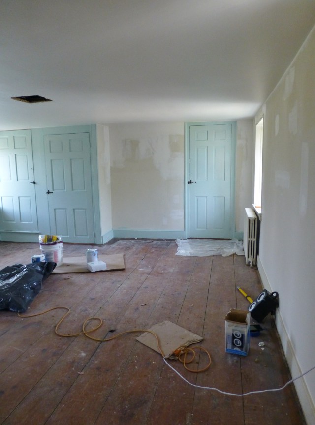 Prep work has begun on my 2016 Bucks County Designer House bedroom. As you can see the doors and walls will be painted in this lovely Seafoam blue. The alcove in the center of this image is the wall which will become the focal point. A custom mural might be just the thing!
